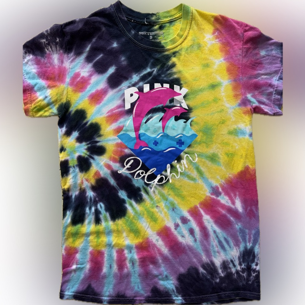 RARE Pink Dolphin  Dancing Dolphins Vibrant Tie Dye T Shirt Size S 100% Cotton